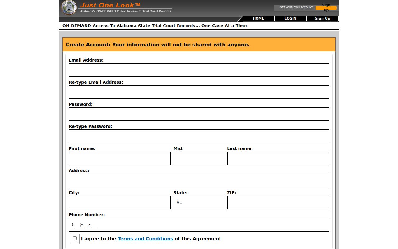 Dallas County case search Just One Look signup form